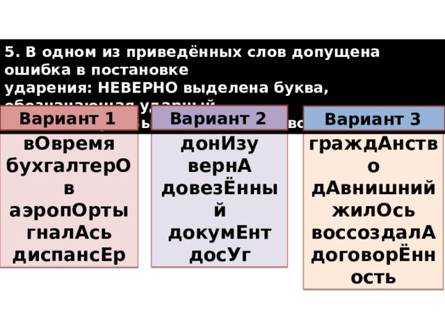 5. В одном из приведённых слов допущена ошибка в постановке ударения: НЕВЕРНО выделена буква, обозначающая ударный гласный звук. Выпишите это слово. Вариант 2  Вариант 1  Вариант 3  донИзу граждАнство дАвнишний вернА жилОсь довезЁнный воссоздалА докумЕнт договорЁнность досУг вОвремя бухгалтерОв аэропОрты гналАсь диспансЕр 