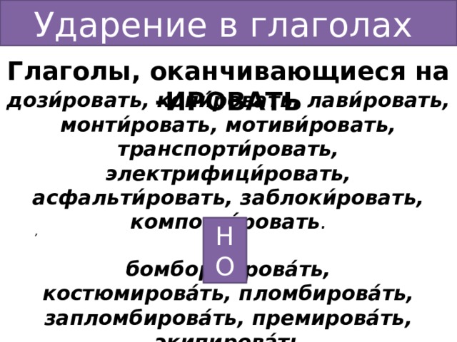 Ударение в глаголах Глаголы, оканчивающиеся на -ИРОВАТЬ дози́ровать, копи́ровать, лави́ровать, монти́ровать, мотиви́ровать, транспорти́ровать, электрифици́ровать, асфальти́ровать, заблоки́ровать, компости́ровать . НО , бомбордирова́ть, костюмирова́ть, пломбирова́ть, запломбирова́ть, премирова́ть, экипирова́ть 