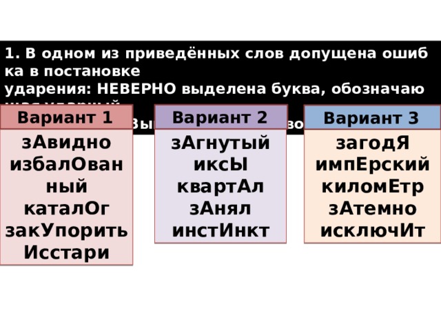 1. В одном из при­ведённых слов до­пу­ще­на ошиб­ка в по­ста­нов­ке уда­ре­ния: НЕ­ВЕР­НО вы­де­ле­на буква, обо­зна­ча­ю­щая удар­ный глас­ный звук. Вы­пи­ши­те это слово.  Вариант 2  Вариант 1  Вариант 3  зАгнутый зАвидно загодЯ иксЫ избалОванный импЕрский киломЕтр квартАл каталОг закУпорить зАтемно зАнял исключИт Исстари инстИнкт  