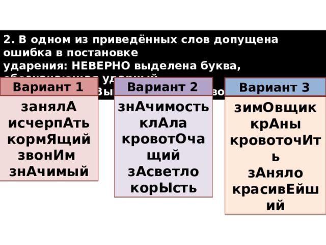 2. В одном из приведённых слов допущена ошибка в постановке ударения: НЕВЕРНО выделена буква, обозначающая ударный гласный звук. Выпишите это слово.  Вариант 1  Вариант 2  Вариант 3  знАчимость занялА клАла исчерпАть кровотОчащий кормЯщий звонИм зАсветло корЫсть знАчимый зимОвщик крАны кровоточИть зАняло красивЕйший  