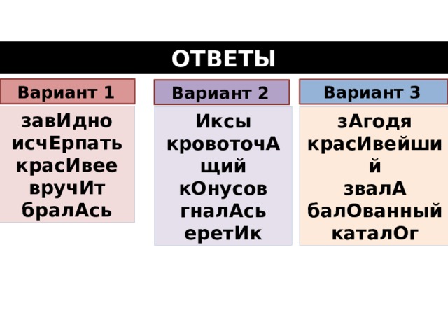 ОТВЕТЫ Вариант 1  Вариант 3  Вариант 2  завИдно исчЕрпать красИвее вручИт бралАсь зАгодя Иксы кровоточАщий красИвейший кОнусов звалА гналАсь балОванный еретИк каталОг  
