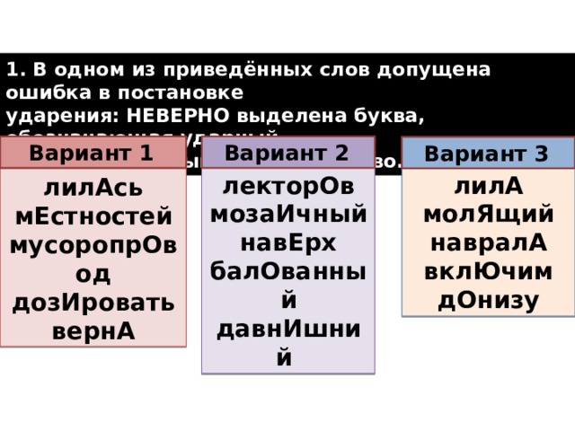 1. В одном из приведённых слов допущена ошибка в постановке ударения: НЕВЕРНО выделена буква, обозначающая ударный гласный звук. Выпишите это слово.  Вариант 1  Вариант 2  Вариант 3  лилА лекторОв молЯщий мозаИчный навралА навЕрх балОванный вклЮчим дОнизу давнИшний лилАсь мЕстностей мусоропрОвод дозИровать вернА  