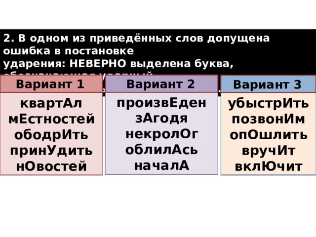 2. В одном из приведённых слов допущена ошибка в постановке ударения: НЕВЕРНО выделена буква, обозначающая ударный гласный звук. Выпишите это слово.  Вариант 2  Вариант 1  Вариант 3  про­из­вЕ­ден зА­го­дя не­кро­лОг об­ли­лАсь на­ча­лА квар­тАл убыст­рИть мЕст­но­стей по­зво­нИм обод­рИть опОш­лить вру­чИт при­нУ­дить вклЮ­чит нО­во­стей  