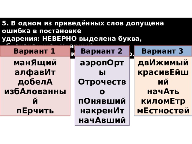 5. В одном из приведённых слов допущена ошибка в постановке ударения: НЕВЕРНО выделена буква, обозначающая ударный гласный звук. Выпишите это слово.  Вариант 3  Вариант 2  Вариант 1  двИжимый аэропОрты манЯщий красивЕйший Отрочество алфавИт добелА начАть пОнявший накренИт избАлованный киломЕтр пЕрчить начАвший мЕстностей  