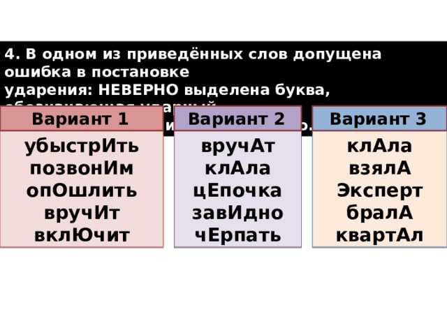 4. В одном из приведённых слов допущена ошибка в постановке ударения: НЕВЕРНО выделена буква, обозначающая ударный гласный звук. Выпишите это слово.  Вариант 3  Вариант 2  Вариант 1  клАла вру­чАт убыст­рИть взялА клАла по­зво­нИм опОш­лить Экс­перт цЕ­поч­ка за­вИд­но вру­чИт бралА вклЮ­чит чЕр­пать квар­тАл  
