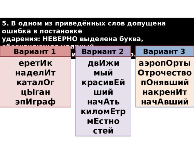 5. В одном из приведённых слов допущена ошибка в постановке ударения: НЕВЕРНО выделена буква, обозначающая ударный гласный звук. Выпишите это слово.  Вариант 3  Вариант 2  Вариант 1  аэро­пОр­ты двИ­жи­мый ере­тИк От­ро­че­ство кра­си­вЕй­ший на­де­лИт ка­та­лОг пО­няв­ший на­чАть ки­ло­мЕтр цЫган на­кре­нИт эпИ­граф мЕст­но­стей на­чАв­ший  