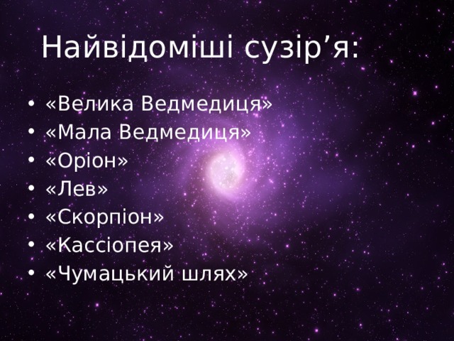 Найвідоміші сузір’я: «Велика Ведмедиця» «Мала Ведмедиця» «Оріон» «Лев» «Скорпіон» «Кассіопея» «Чумацький шлях» 