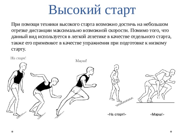 Высокий старт При помощи техники высокого старта возможно достичь на небольшом отрезке дистанции максимально возможной скорости. Помимо того, что данный вид используется в легкой атлетике в качестве отдельного старта, также его применяют в качестве упражнения при подготовке к низкому старту. 