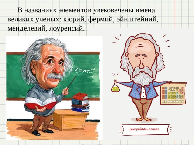  В названиях элементов увековечены имена великих ученых: кюрий, фермий, эйнштейний, менделевий, лоуренсий. 