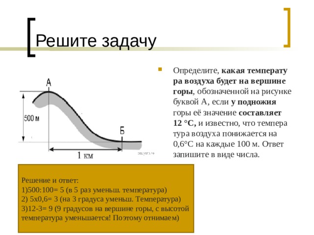 Решите задачу Опре­де­ли­те, какая тем­пе­ра­ту­ра воз­ду­ха будет на вер­ши­не горы , обо­зна­чен­ной на ри­сун­ке бук­вой А, если у под­но­жия горы её зна­че­ние со­став­ля­ет 12 °С, и из­вест­но, что тем­пе­ра­ту­ра воз­ду­ха по­ни­жа­ет­ся на 0,6°С на каж­дые 100 м. Ответ за­пи­ши­те в виде числа. Решение и ответ: 1)500:100= 5 (в 5 раз уменьш. температура) 2) 5х0,6= 3 (на 3 градуса уменьш. Температура) 3)12-3= 9 (9 градусов на вершине горы, с высотой температура уменьшается! Поэтому отнимаем)