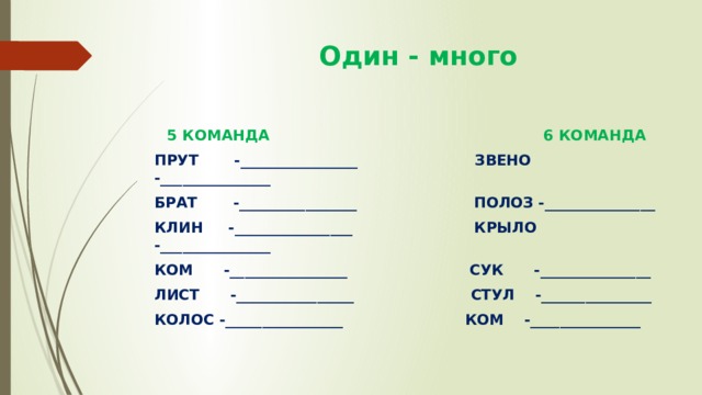  Один - много  5 КОМАНДА 6 КОМАНДА ПРУТ -________________ ЗВЕНО -_______________ БРАТ -________________ ПОЛОЗ -_______________ КЛИН -________________ КРЫЛО -_______________ КОМ -________________ СУК -_______________ ЛИСТ -________________ СТУЛ -_______________ КОЛОС -________________ КОМ -_______________ 