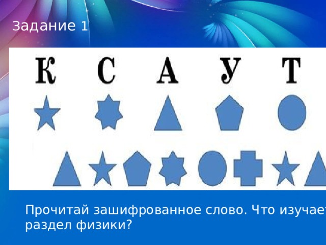 З адание 1 Прочитай зашифрованное слово. Что изучает этот раздел физики? 
