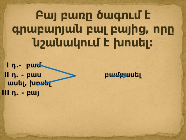Բայ բառը ծագում է գրաբարյան բալ բայից, որը նշանակում է խոսել:  I դ.- բամ  II դ. - բաս բամբասել ասել, խոսել III դ. - բայ 