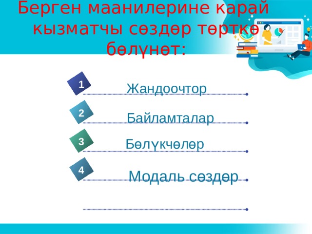 Берген маанилерине карай  кызматчы сөздөр төрткө бөлүнөт: 1  Жандоочтор 2  Байламталар 3  Бөлүкчөлөр 4  Модаль сөздөр 5  