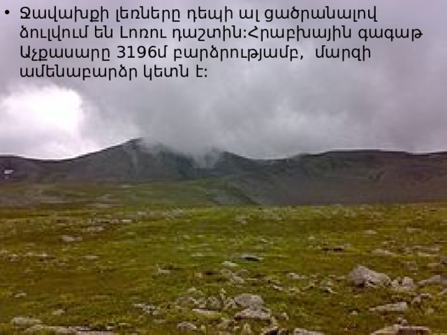 Ջավախքի լեռները դեպի ալ ցածրանալով ձուլվում են Լոռու դաշտին:Հրաբխային գագաթ Աչքասարը 3196մ բարձրությամբ, մարզի ամենաբարձր կետն է: 