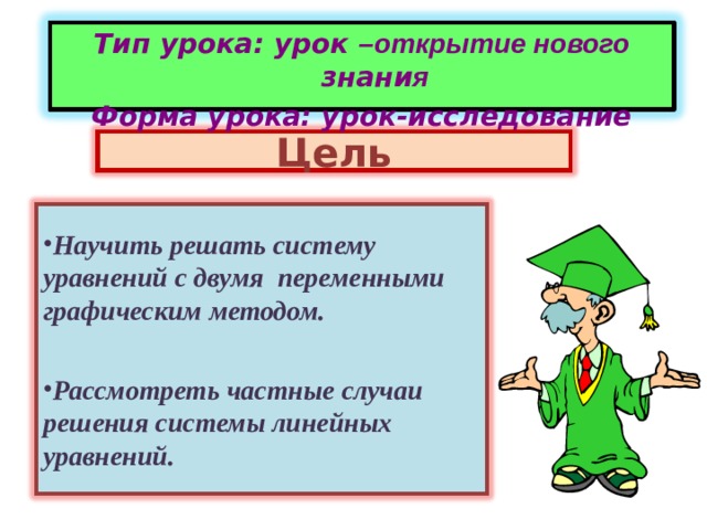 Тип урока: урок –открытие нового знани я Форма урока: урок-исследование Цель Научить решать систему уравнений с двумя переменными графическим методом.  Рассмотреть частные случаи решения системы линейных уравнений. 