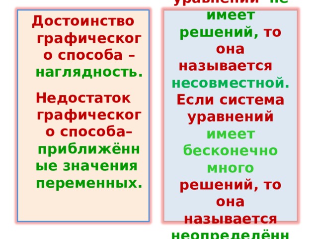 Если система уравнений не имеет решений, то она называется несовместной.  Если система уравнений имеет бесконечно много  решений, то она называется неопределённой. Достоинство графического способа – наглядность. Недостаток графического способа– приближённые значения переменных. 