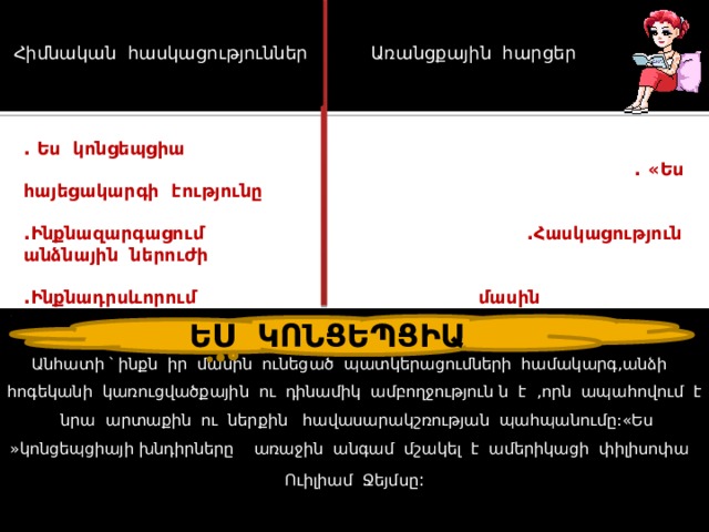 Հիմնական հասկացություններ Առանցքային հարցեր . Ես կոնցեպցիա  . «Ես հայեցակարգի էությունը  .Ինքնազարգացում .Հասկացություն անձնային ներուժի  .Ինքնադրսևորում մասին  .Ինքնակատարելագործում   Անհատի ՝ ինքն իր մասին ունեցած պատկերացումների համակարգ,անձի հոգեկանի կառուցվածքային ու դինամիկ ամբողջություն ն է ,որն ապահովում է նրա արտաքին ու ներքին հավասարակշռության պահպանումը:«Ես »կոնցեպցիայի խնդիրները առաջին անգամ մշակել է ամերիկացի փիլիսոփա Ուիլիամ Ջեյմսը : ԵՍ ԿՈՆՑԵՊՑԻԱ  