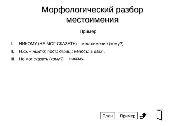 Разбор слова местоимения. Морфологический разбор местоимения пример. План морфологического разбора местоимения. Морфологический разбор местоимения например. Морфологический разбор отрицательного местоимения.