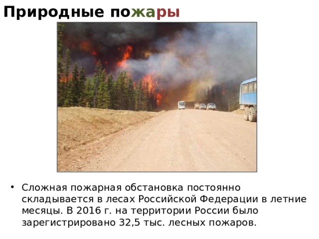 Природные по жа ры Сложная пожарная обстановка постоянно складывается в лесах Российской Федерации в летние месяцы. В 2016 г. на территории России было зарегистрировано 32,5 тыс. лесных пожаров.  