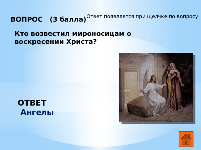 Ответ появляется при щелчке по вопросу ВОПРОС (3 балла)        Кто возвестил мироносицам о воскресении Христа? ОТВЕТ  Ангелы  