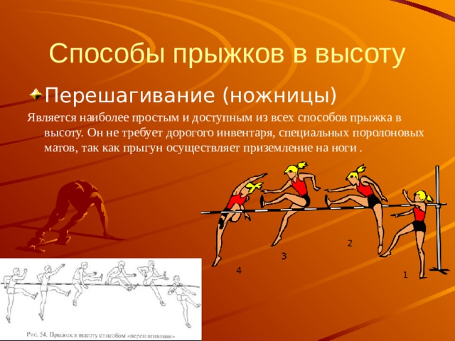 Способы прыжков в высоту Перешагивание (ножницы) Является наиболее простым и доступным из всех способов прыжка в высоту. Он не требует дорогого инвентаря, специальных поролоновых матов, так как прыгун осуществляет приземление на ноги . 