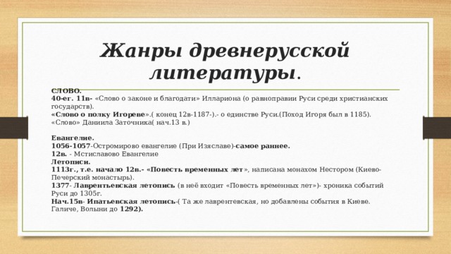 Жанры древнерусской литературы . СЛОВО. 40-ег. 11в- «Слово о законе и благодати» Иллариона (о равноправии Руси среди христианских государств). «Слово о полку Игореве ».( конец 12в-1187-).- о единстве Руси.(Поход Игоря был в 1185). «Слово» Даниила Заточника( нач.13 в.) Евангелие. 1056-1057 -Остромирово евангелие (При Изяславе)- самое раннее. 12в. - Мстиславово Евангелие Летописи. 1113г., т.е. начало 12в.- «Повесть временных лет », написана монахом Нестором (Киево-Печерский монастырь). 1377 - Лаврентьевская летопись (в неё входит «Повесть временных лет»)- хроника событий Руси до 1305г. Нач.15в - Ипатьевская летопись -( Та же лаврентевская, но добавлены события в Киеве. Галиче, Волыни до 1292).