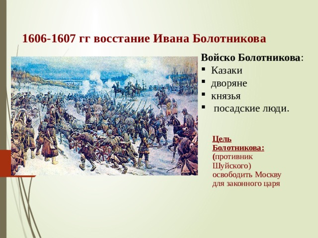 Цели противников. Иван Болотников 1606-1607. Армия Болотникова 1606. Цель Восстания Болотникова 1606-1607. Восстания периода смуты Иван Болотников.