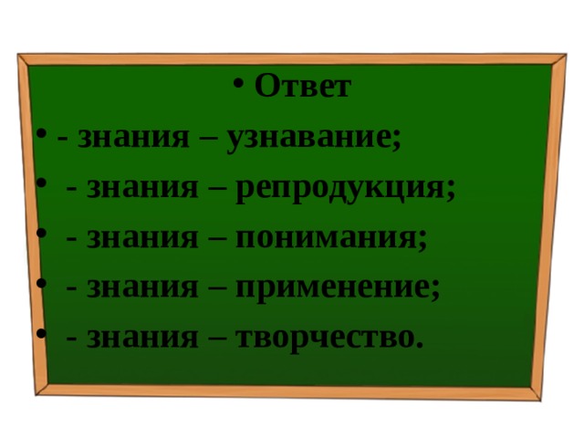 Ответ - знания – узнавание;  - знания – репродукция;  - знания – понимания;  - знания – применение;  - знания – творчество. 