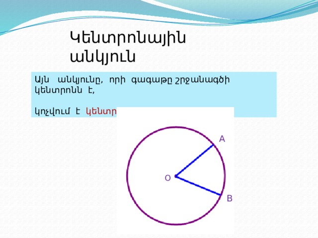 Կենտրոնային անկյուն Այն անկյունը, որի գագաթը շրջանագծի կենտրոնն է, կոչվում է կենտրոնային անկյուն : A O B 