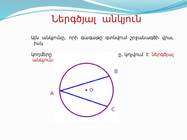 Ներգծյալ անկյուն Այն անկյունը, որի գագաթը գտնվում շրջանագծի վրա, իսկ կողմերը հատում են շրջանագիծը, կոչվում է ներգծյալ անկյուն : B O A C 