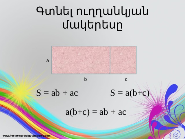 Գտնել ուղղանկյան մակերեսը а b с S = ab + ac S = a(b+c) a(b+c) = ab + ac 