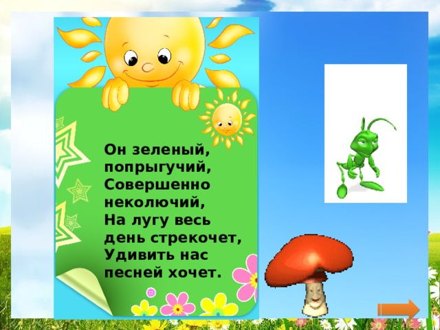 Он зеленый, попрыгучий,  Совершенно неколючий,  На лугу весь день стрекочет,  Удивить нас песней хочет.    