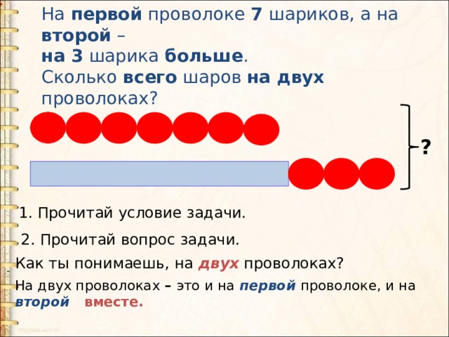 Задачу на больше 3. Задача на первой проволоке 7 шариков а на второй на 3 шарика больше. Прочитай условие задачи. На первой проволоке проволоке 7 шариков. Сколько всего шаров.