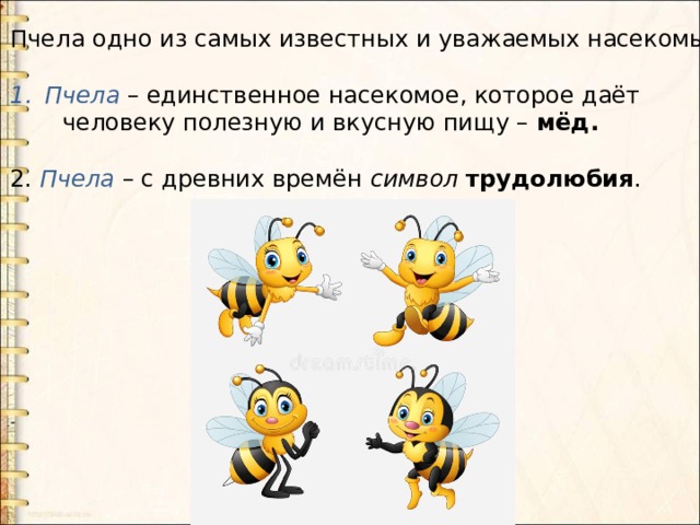 Пчела одно из самых известных и уважаемых насекомых. Пчела – единственное насекомое, которое даёт  человеку полезную и вкусную пищу – мёд. 2. Пчела – с древних времён символ  трудолюбия . 