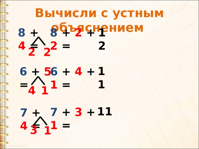 Вычисли с устным объяснением 8 + 4 = 12 8 + 2 + 2 = 2 2 11 6 + 4 + 1 = 6 + 5 = 4 1 11 7 + 3 + 1 = 7 + 4 = 3 1 
