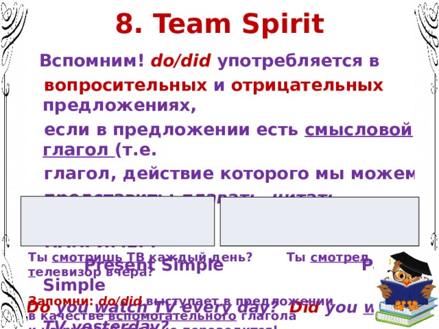 8. Team Spirit  Вспомним! do/did употребляется в  вопросительных и отрицательных предложениях,  если в предложении есть смысловой глагол (т.е.  глагол, действие которого мы можем  представить: плавать, читать, строить и т.д.)  НАПРИМЕР:  Present Simple Past Simple Do you watch TV every day? Did you watch TV yesterday? Ты смотришь ТВ каждый день? Ты смотрел т елевизор вчера?  Запомни:  do/did выступает в предложении в качестве вспомогательного глагола и на русский язык не переводится!  