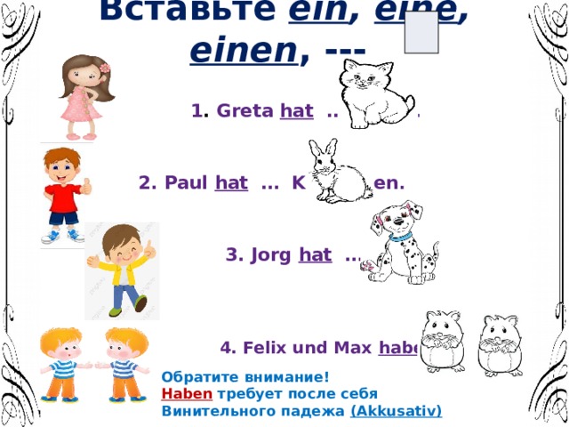 Вставьте ein , eine , einen , ---    1 . Greta hat … Katze .    2. Paul hat … Kaninchen .    3. Jorg hat … Hund.     4. Felix und Max haben … Hamster. Обратите внимание! Haben требует после себя Винительного падежа (Akkusativ) 