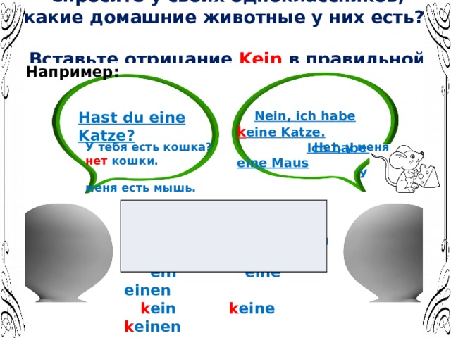 Спросите у своих одноклассников, какие домашние животные у них есть?  Вставьте отрицание Kein в правильной форме Например: Hast du eine Katze?  Nein, ich habe k eine Katze.  Ich habe eine Maus           У тебя есть кошка? Нет , у меня нет кошки.  У меня есть мышь. Kein cклоняется по падежам также как неопределенный артикль  ein eine einen  k ein k eine k einen  
