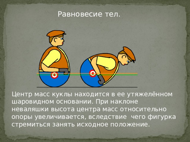 Равновесие тел.   Центр масс куклы находится в ее утяжелённом шаровидном основании. При наклоне неваляшки высота центра масс относительно опоры увеличивается, вследствие чего фигурка стремиться занять исходное положение. 