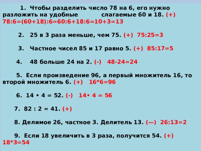  1. Чтобы разделить число 78 на 6, его нужно разложить на удобные слагаемые 60 и 18. (+) 78:6=(60+18):6=60:6+18:6=10+3=13   2. 25 в 3 раза меньше, чем 75. (+) 75:25=3   3. Частное чисел 85 и 17 равно 5. (+) 85:17=5   4. 48 больше 24 на 2. (-) 48-24=24   5. Если произведение 96, а первый множитель 16, то второй множитель 6. (+) 16*6=96   6. 14 • 4 = 52. (-) 14• 4 = 56   7. 82 : 2 = 41. (+)   8. Делимое 26, частное 3. Делитель 13. (—) 26:13=2   9. Если 18 увеличить в 3 раза, получится 54. (+) 18*3=54   10. Если 96 уменьшить в 8 раз, получится 12. (+) 96:8=12 