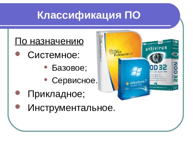 Классификация ПО По назначению Системное: Базовое; Сервисное. Базовое; Сервисное. Базовое; Сервисное. Базовое; Сервисное. Прикладное; Инструментальное. 