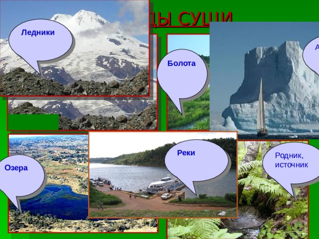  ВОДЫ СУШИ Ледники Айсберги Болота  Реки Родник, источник Родник, источник Озера   