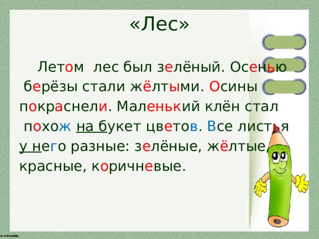 «Лес» Лет о м лес был з е лёный. Ос е н ь ю б е рёзы стали ж ё лт ы ми. О сины п о кр а снел и . Мал еньк ий клён стал п о хо ж на б укет цв е то в . В се лист ь я у н е г о разные: з е лёные, ж ё лтые, красные, к о ричн е вые. 