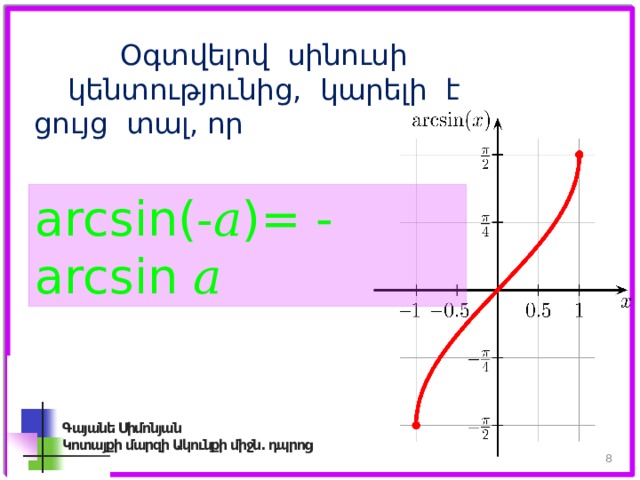 Օգտվելով սինուսի կենտությունից, կարելի է ցույց տալ, որ  arcsin(-𝑎)= - arcsin 𝑎 Գայանե Սիմոնյան Կոտայքի մարզի Ակունքի միջն. դպրոց 7 
