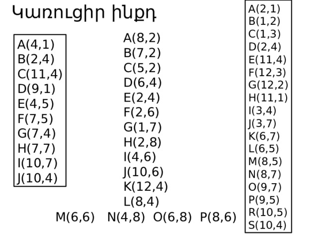 Կառուցիր ինքդ A(2,1) B(1,2) C(1,3) D(2,4) E(11,4) F(12,3) G(12,2) H(11,1) I(3,4) J(3,7) K(6,7) L(6,5) M(8,5) N(8,7) O(9,7) P(9,5) R(10,5) S(10,4) A(8,2) B(7,2) C(5,2) D(6,4) E(2,4) F(2,6) G(1,7) H(2,8) I(4,6) J(10,6) K(12,4) L(8,4) A(4,1) B(2,4) C(11,4) D(9,1) E(4,5) F(7,5) G(7,4) H(7,7) I(10,7) J(10,4) M(6,6) N(4,8) O(6,8) P(8,6) 