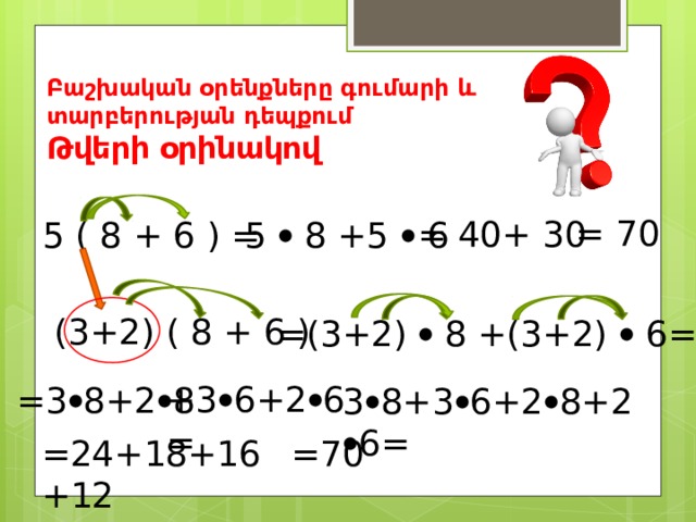 Բաշխական օրենքները գումարի և տարբերության դեպքում  Թվերի օրինակով = 70 = 40+ 30 5 ( 8 + 6 ) = 5  8 +5  6 (3+2) ( 8 + 6 ) =(3+2)  8 +(3+2)  6= +3  6+2  6= =3  8+2  8 3  8+3  6+2  8+2  6= =24+18+16+12 =70 