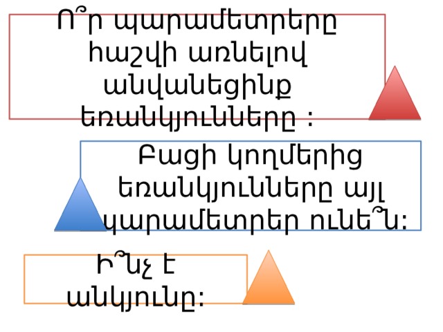 Ո՞ր պարամետրերը հաշվի առնելով անվանեցինք եռանկյունները : Բացի կողմերից եռանկյունները այլ պարամետրեր ունե՞ն: Ի՞նչ է անկյունը: 