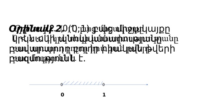 Օրինակ 2․ (0;1) բաց միջակայքը  կրկնակի անհավասարությանը բավարարող բոլոր իրական թվերի բազմությունն է․      0 0 1 0 