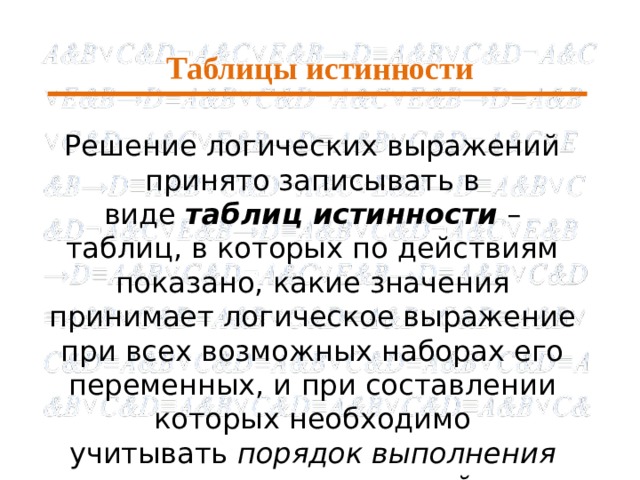 Таблицы истинности Решение логических выражений принято записывать в виде  таблиц истинности  – таблиц, в которых по действиям показано, какие значения принимает логическое выражение при всех возможных наборах его переменных, и при составлении которых необходимо учитывать  порядок выполнения логических операций. 